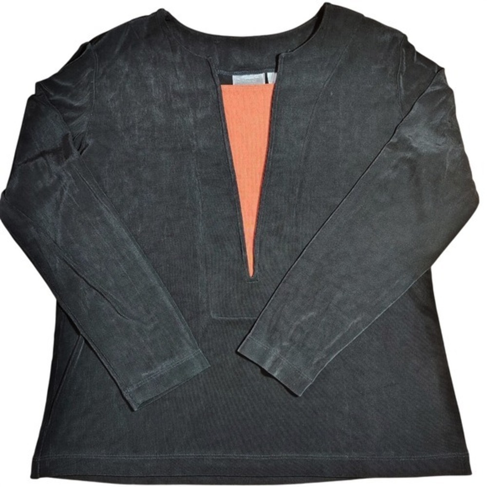 Chicos Womens SZ L Travelers Split Neck Top Black Orange Acetate Minimalist